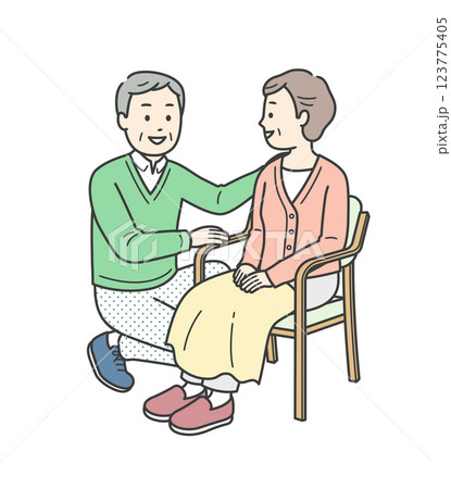 椅子に座る高齢女性と会話をする高齢男性の全身イラスト 123775405