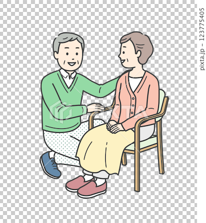 椅子に座る高齢女性と会話をする高齢男性の全身イラスト 123775405