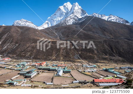 Beautiful view of Dingboche village (4,410 m) with Mt.Ama Dablam in the background. 123775500