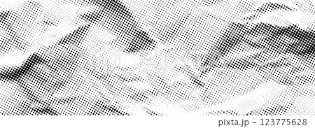 Crumpled paper halftone texture. Dotted rough wrinkled background. Old creased paper page wallpaper. Comic pop art grain overlay. Aged damaged gritty page in cartoon style. Vector crumpled surface 123775628