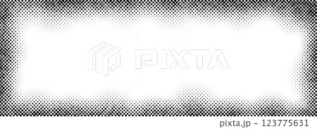 Halftone rectangle grain frame. Black comic dotted wavy border. Pop art fading gradient frame backdrop. Monochrome grunge abstract background. Vector dot textured graphic design wallpaper 123775631