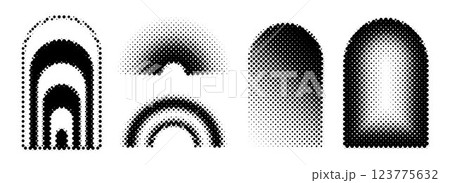 Black halftone arch set. Different pixelated gradient arc collection. Dotted pop art curve element bundle for collage, graphic design template, banner, poster. Vector comic bitmap warp pack 123775632