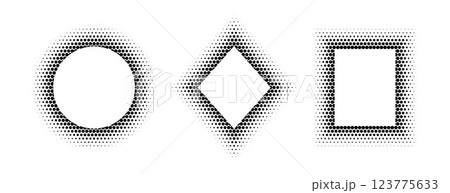 Black halftone geometric frame set. Dotted gradient border collection. Pop art comic picture holder design for banner template, copy space, emblem, poster, booklet. Vector rasterized framing pack 123775633