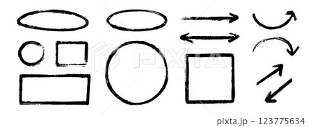 Black charcoal hand drawn frame and arrow set. Rectangle and round paintbrush forms set. Rough sketch elements for diagram, highlight, underline, emphasis. Vector scribbled crayon forms 123775634