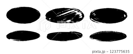 Ellipse dry paint stains set. Black grunge chalk oval collection. Textured brush stroke round element pack. Hand drawn charcoal blobs for frame design, template, poster, banner. Vector circular spots Ellipse dry paint stains set. Black grunge chalk oval collection. Textured brush stroke round element pack. Hand drawn charcoal blobs for frame design, template, poster, banner. Vector circular spots 123775635