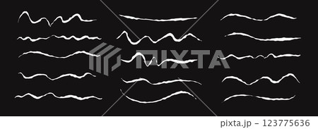Hand drawn chalk wavy line set. White pastel squiggle underline and stroke collection. Crayon wave brushstroke bundles. Rough sketch marks and highlights for divide, separate and emphasis. Vector 123775636