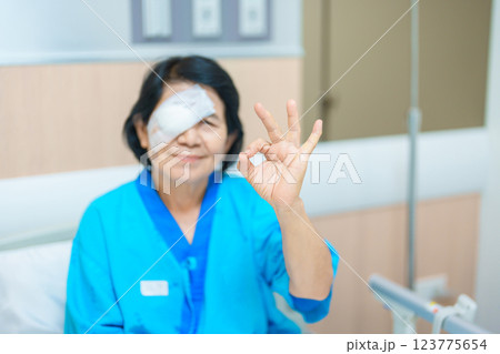 Elderly Woman with eye protective shield after eye surgery. Eye disease, Cataract,  Glaucoma, Age Related Macular Degeneration, Diabetic Retinopathy, Vitreous, Lasik, World Glaucoma day and health 123775654