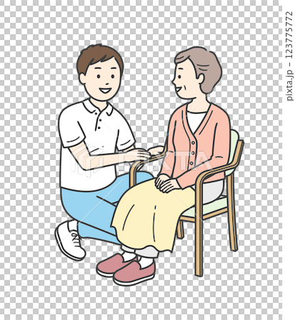 Full-body illustration of an elderly woman sitting in a chair and a male caregiver providing assistance 123775772