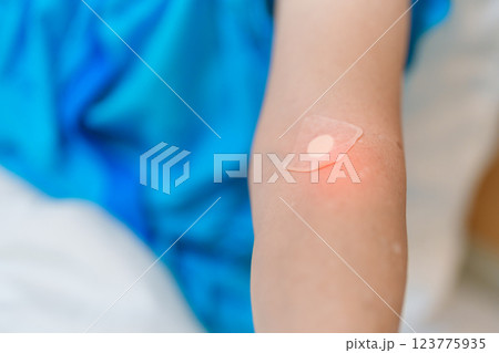 Elderly asian Patient Woman with medical patch plaster after blood test in hospital. Diagnose, illness, treatment, Insurance, Healthcare, medical Examination, Blood donation and World Blood Donor Day 123775935