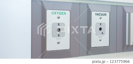 Oxygen and Vacuum Pipeline socket for Patient medical treatment in hospital room. Medical equipment, Emergency, Professional Medical system , Intensive Care Unit and Safety concept 123775966