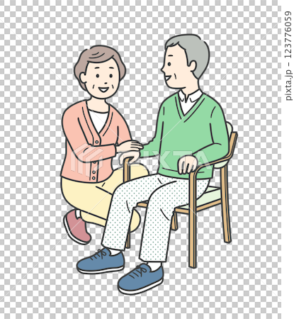 Full-body illustration of an elderly woman having a conversation with an elderly man sitting in a chair 123776059