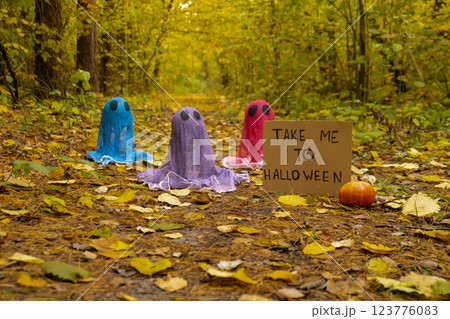 Halloween holiday concept. Handmade colorful ghosts made from bandages with cardboard TAKE ME TO HALLOWEEN text and glue in autumn forest background. Children's art project. DIY Halloween holiday concept. Handmade colorful ghosts made from bandages with cardboard TAKE ME TO HALLOWEEN text and glue in autumn forest background. Children's art project. DIY 123776083