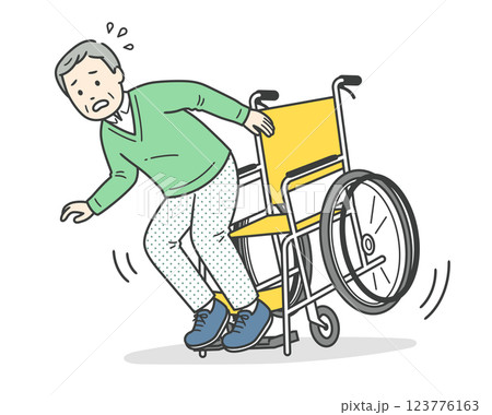 車椅子で転倒しそうになる高齢男性 車椅子で転倒しそうになる高齢男性 123776163