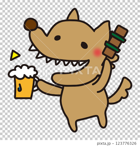 一隻不那麼可怕的狼,手裡拿著烤雞肉串敬酒 一隻不那麼可怕的狼,手裡拿著烤雞肉串敬酒 123776326