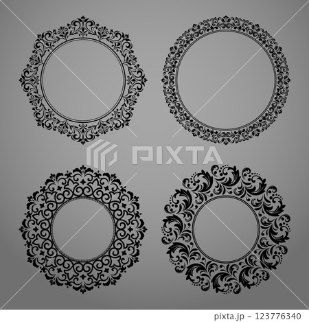 Set of decorative frames Elegant vector element for design in Eastern style, place for text. Floral black and gray borders. Lace illustration for invitations and greeting cards 123776340