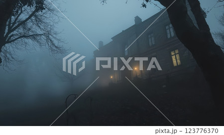 Eerie Haunted Mansion Surrounded by Fog and Dead Trees Eerie Haunted Mansion Surrounded by Fog and Dead Trees 123776370