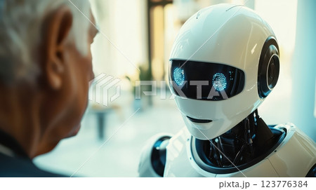 Robot and Elderly Man Having Conversation Robot and Elderly Man Having Conversation 123776384