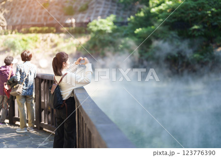 woman traveler traveling in Taiwan, female Tourist sightseeing at Beitou Hot Spring, Taipei City. Popular landmark and attractions. Asia Travel and vacation concept 123776390