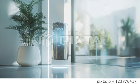 Futuristic Smart Device in Minimalist Home Interior with Plants Futuristic Smart Device in Minimalist Home Interior with Plants 123776417