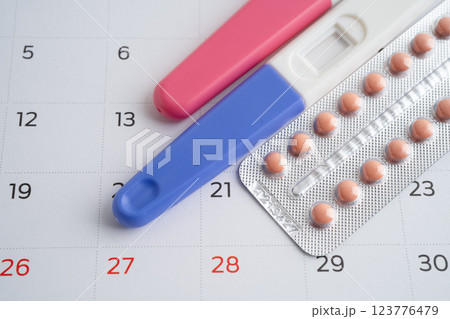 Pregnancy test for female of ovulation day, fetus, maternity, childbirth, birth control. 123776479