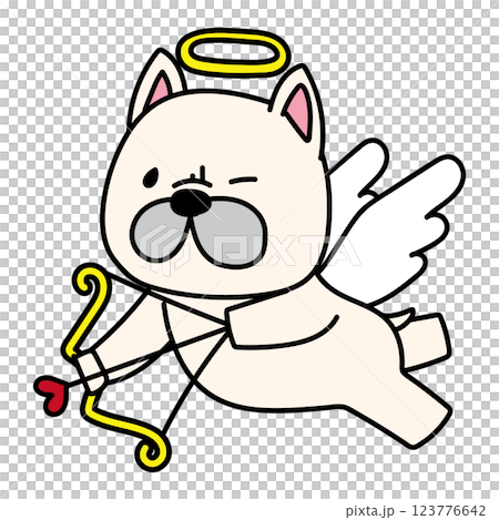 French bulldog dressed as an angel pulling a heart-shaped bow and arrow 123776642