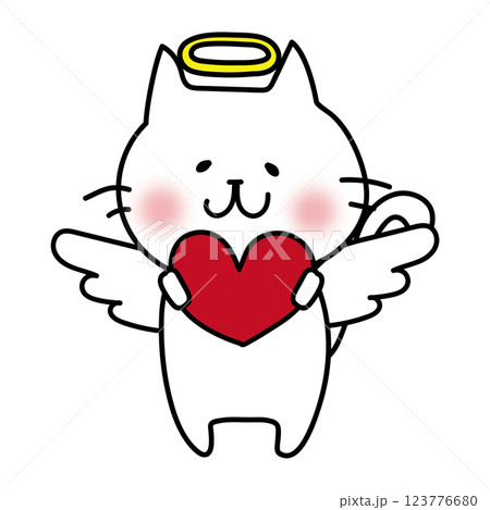赤いハートを持っている天使の格好をした白い猫 赤いハートを持っている天使の格好をした白い猫 123776680