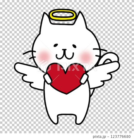 赤いハートを持っている天使の格好をした白い猫 赤いハートを持っている天使の格好をした白い猫 123776680