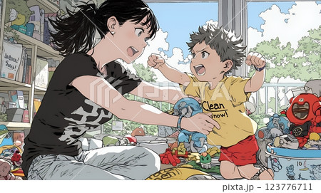 家の中で子どもと遊んでいる若い母親