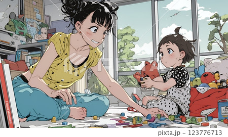 家の中で子どもと遊んでいる若い母親