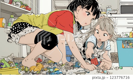 家の中で子どもと遊んでいる若い母親