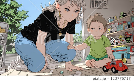 家の中で子どもと遊んでいる若い母親