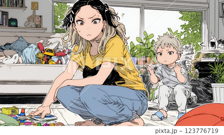 家の中で子どもと遊んでいる若い母親