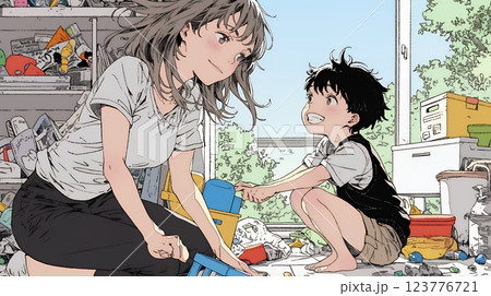 家の中で子どもと遊んでいる若い母親