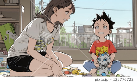 家の中で子どもと遊んでいる若い母親