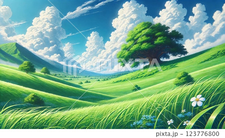 広大な草原と青空に浮かぶ入道雲の美しい風景 123776800