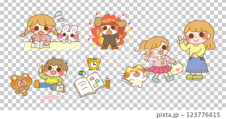Set of children studying and running errands with animals 123776815