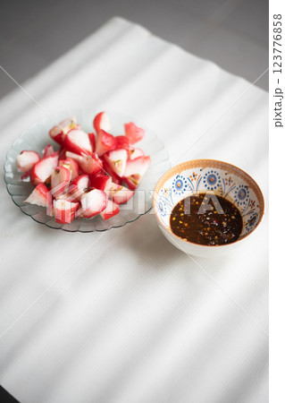 Sliced fresh water apples served with a traditional spicy sambal dip, Sliced fresh water apples served with a traditional spicy sambal dip, 123776858