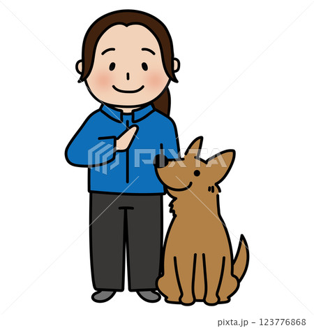 女性ドッグトレーナーと待てをする立ち耳わんちゃん 123776868