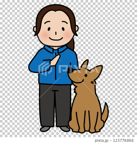 女性ドッグトレーナーと待てをする立ち耳わんちゃん 123776868