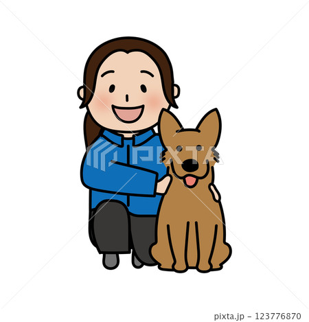 一緒に座っている女性ドッグトレーナーと立ち耳わんちゃん 123776870