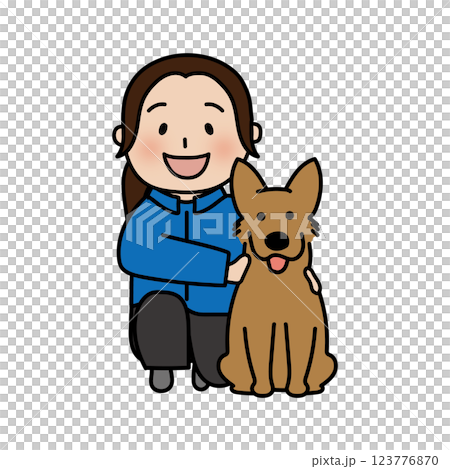 一緒に座っている女性ドッグトレーナーと立ち耳わんちゃん 123776870