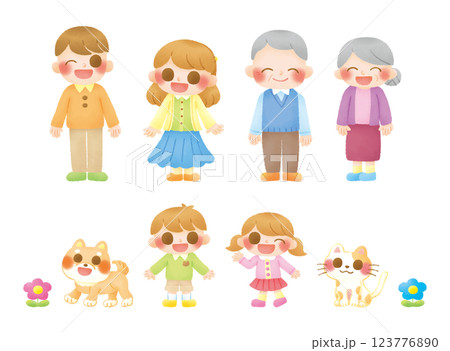 さまざまな世代の家族とペットのセット 123776890