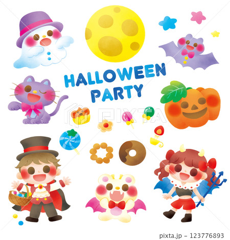 ハロウィンの衣装を着た男の子と女の子とハロウィンのモチーフのセット 123776893