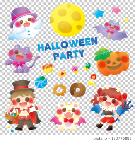 ハロウィンの衣装を着た男の子と女の子とハロウィンのモチーフのセット 123776893