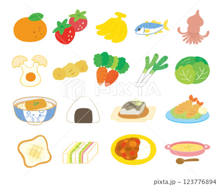 果物、野菜、魚、和食、カレー、パンなどが入った食品セット 123776894