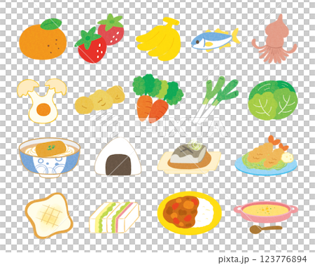 食物套裝包括水果、蔬菜、魚、日本料理、咖哩、麵包等。 123776894