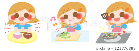 料理をしたり食事をしている女性のイラスト 123776895