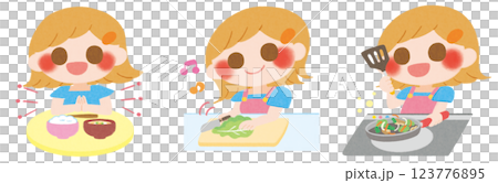 一位婦女做飯和吃飯的插圖 123776895