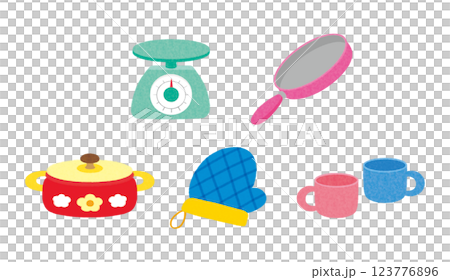 A set of cooking utensils including a frying pan, pot, scales, and mittens 123776896