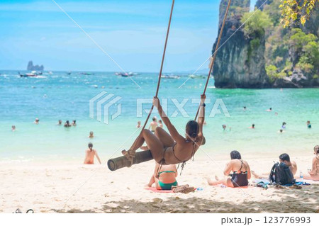 Tourists enjoy on beach at koh Hong island in Krabi, Thailand. Krabi, Thailand, 20 February 2025 123776993